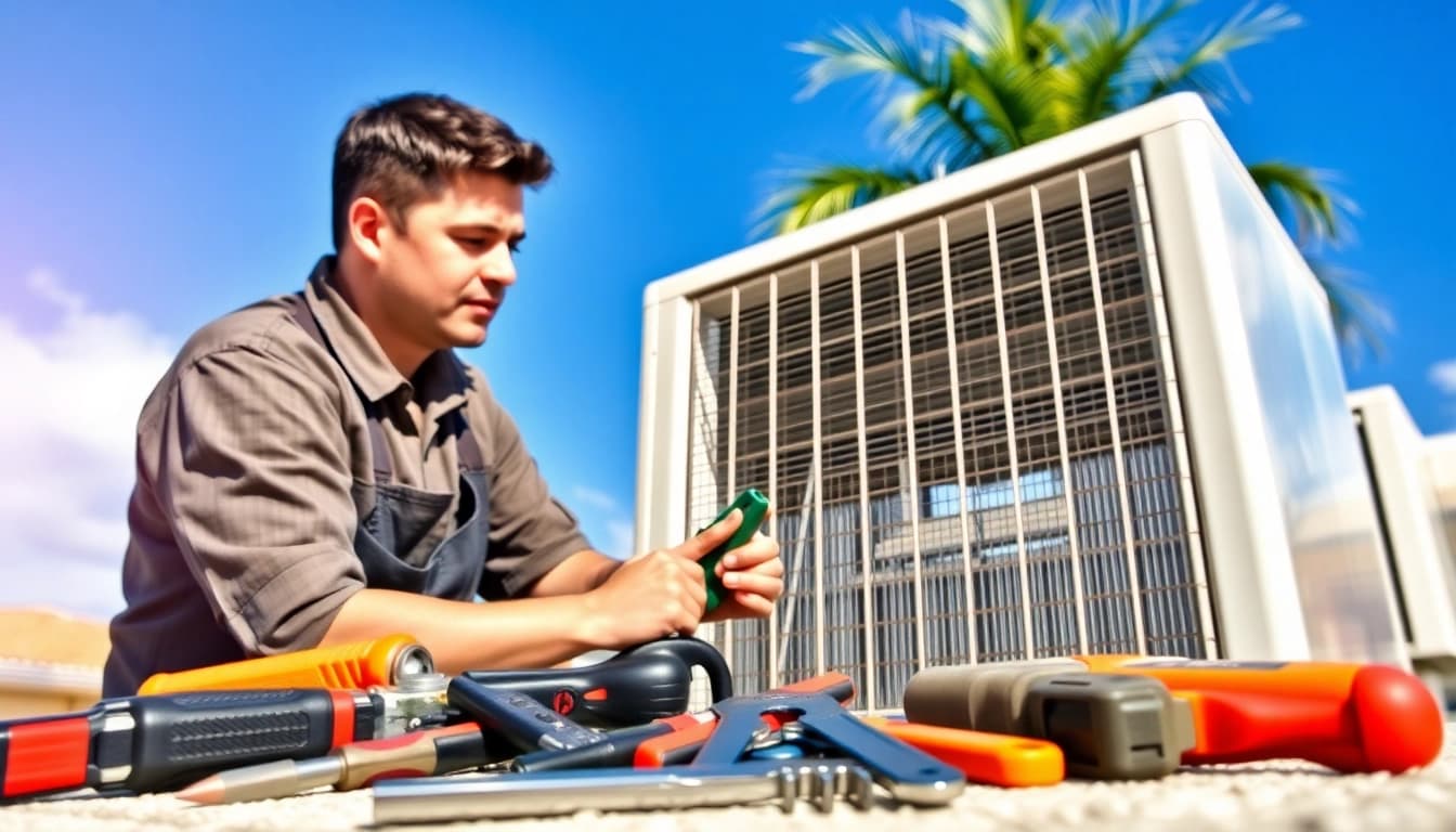 AC Repair Saint Petersburg FL technician repairing unit in bright, sunny setting.