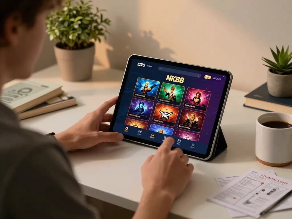 Experience engaging online gaming on NK88 with a cozy home setup and interactive tablet