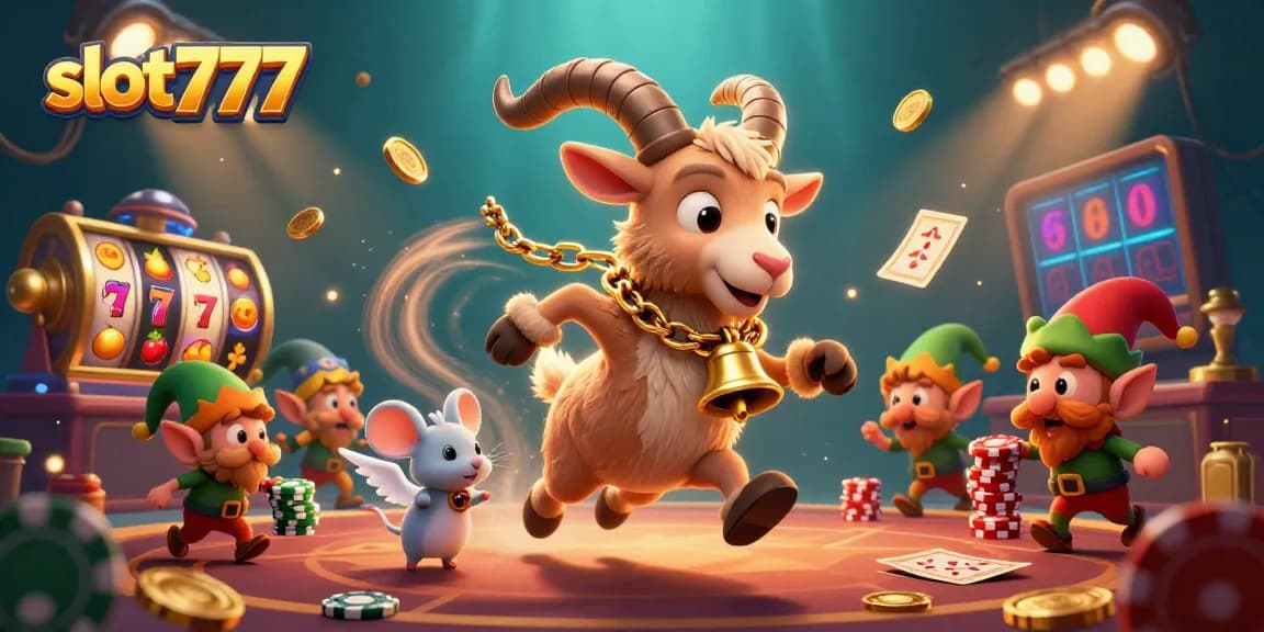 Permainan slot777 yang seru dengan simbol keberuntungan dan suasana kasino menyenangkan.