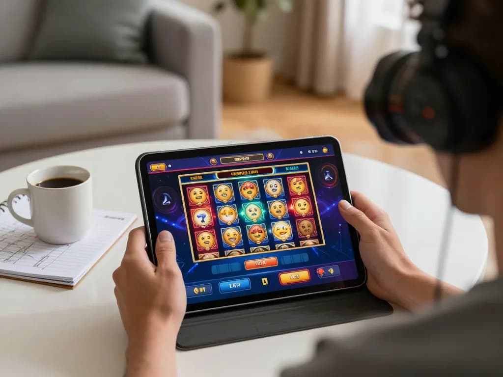 Engaging in slot online gameplay with vibrant graphics on a tablet in a cozy home setting