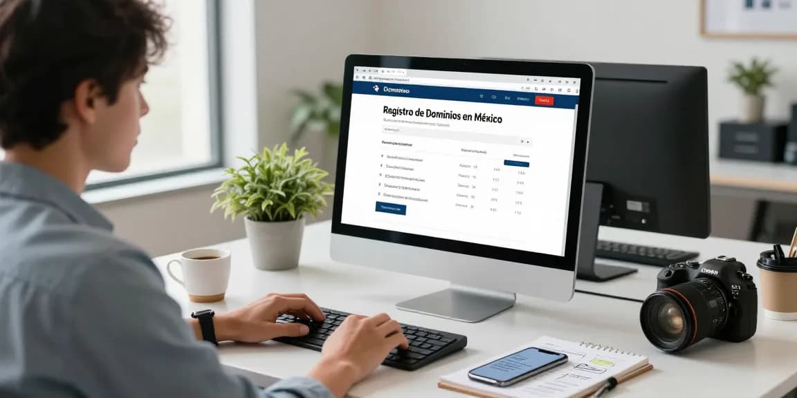 Registro de Dominios en México process in a modern office, showcasing a user registering domains with a computer and business notes.