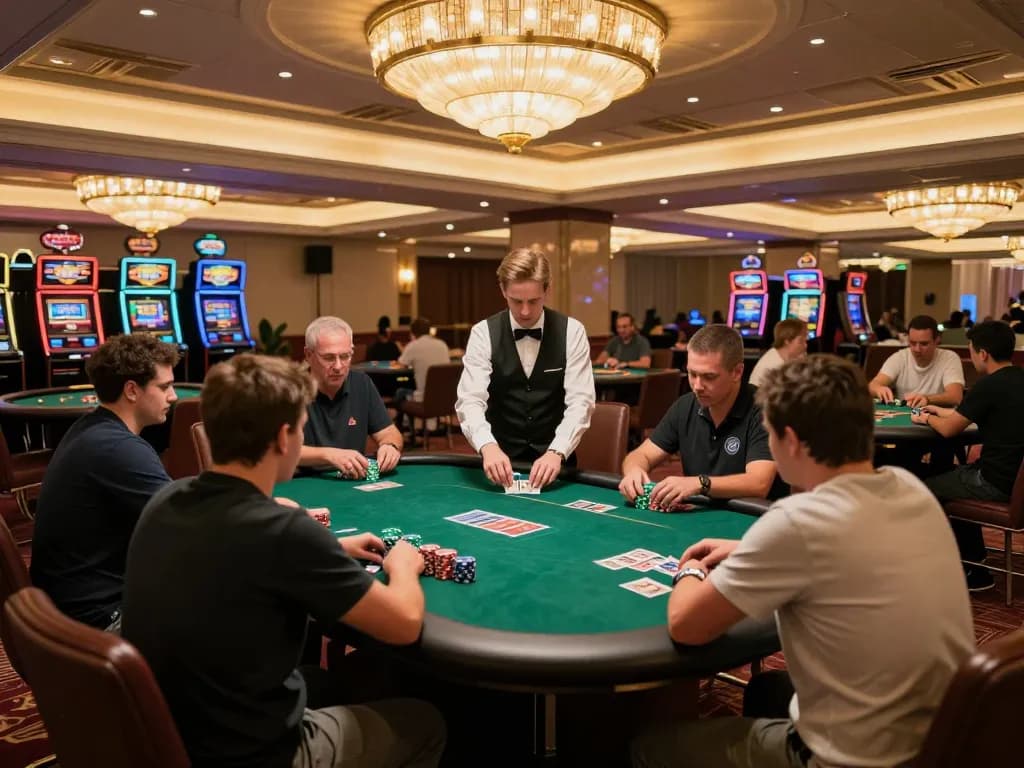 Engaging poker gameplay at Fun88 com with colorful chips and intense players in a classy casino.