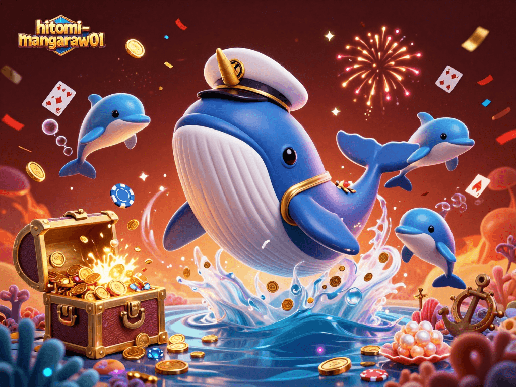 Hitomi-mangaraw01 features a vibrant underwater casino scene with a whale and playful dolphins.