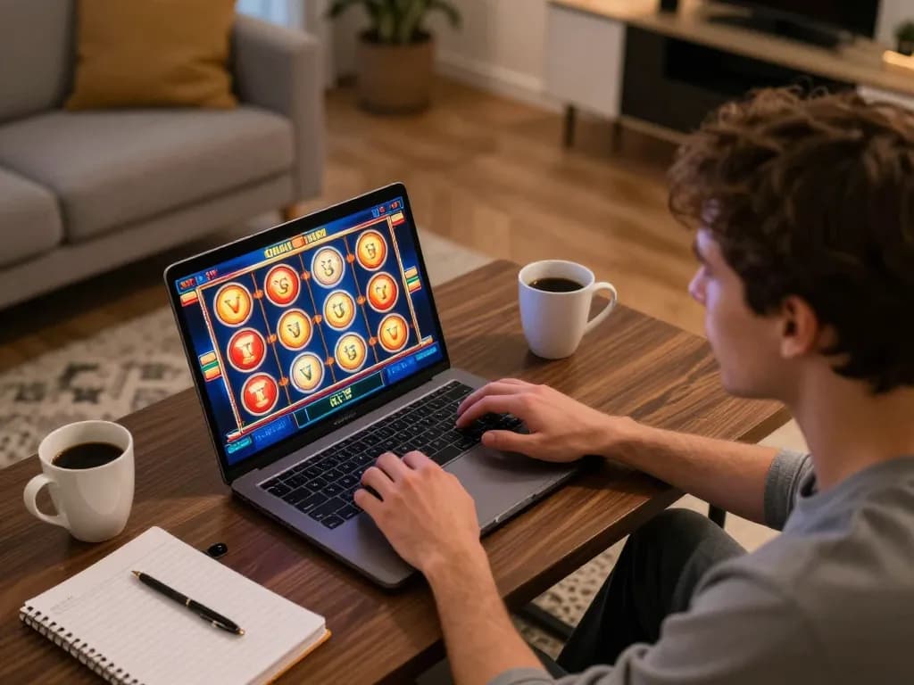 Player spins vibrant situs gacor slots in cozy home gaming setup, capturing online excitement.