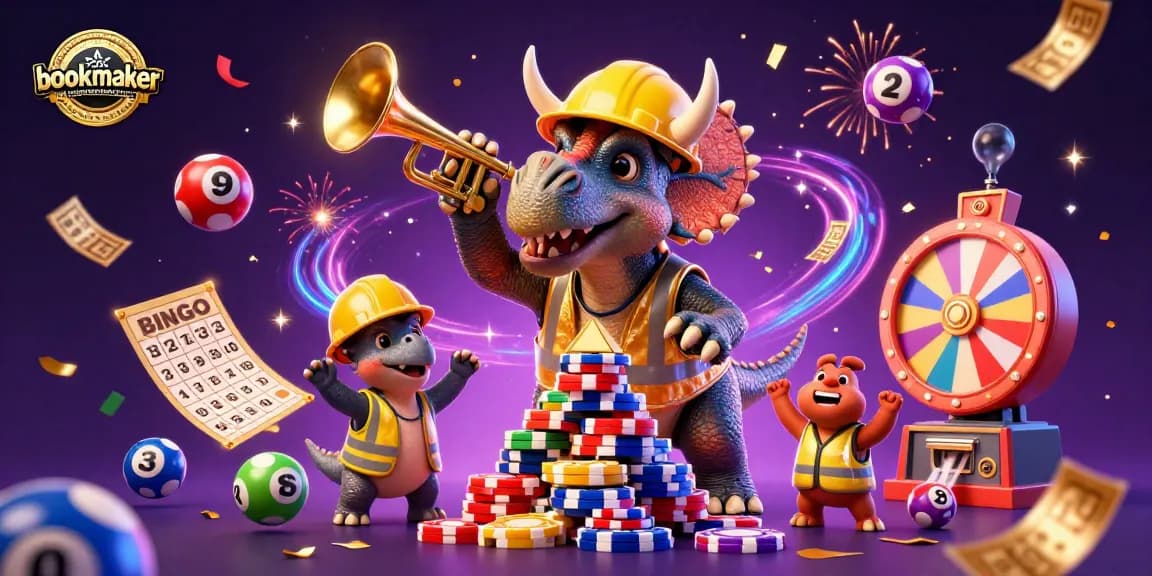 Le bookmaker hors ARJEL acceptant les Français célèbre avec un triceratops construisant une pyramide de jetons de poker.