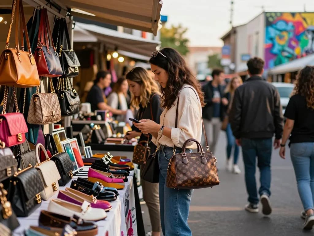 Discover exclusive 레플리카 fashion items in a vibrant urban market scene.
