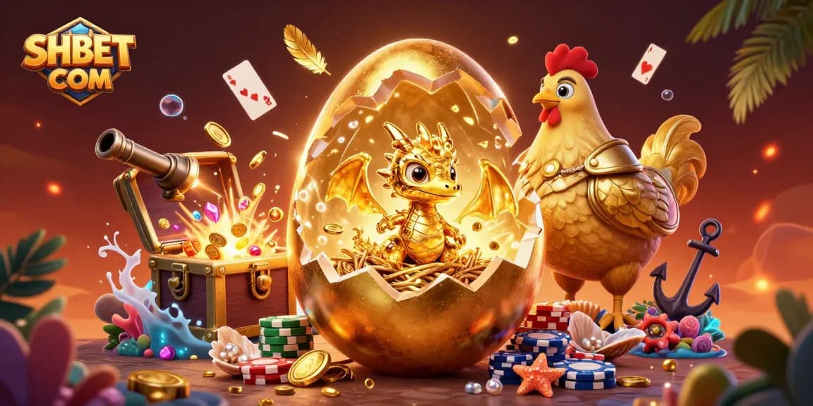 Experience thrilling gaming with SHBET COM, showcasing a gleaming golden dragon amidst poker chips.