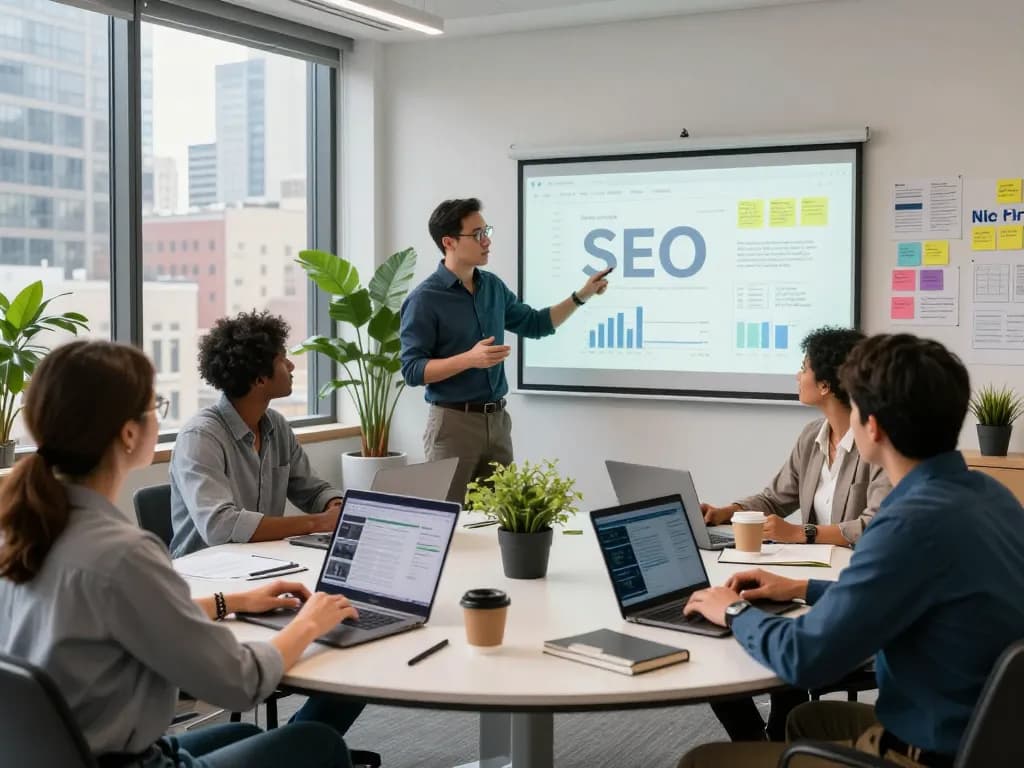 Collaborative professionals discussing SEO strategies in a vibrant NYC SEO Company.