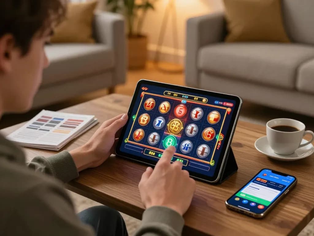 Player enjoying an online slot game with paris888 on a tablet in a cozy living room setting.