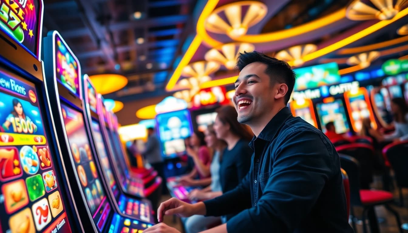 Menggambarkan pengalaman slot deposit pulsa dengan mesin slot berwarna-warni dan pemain yang antusias.
