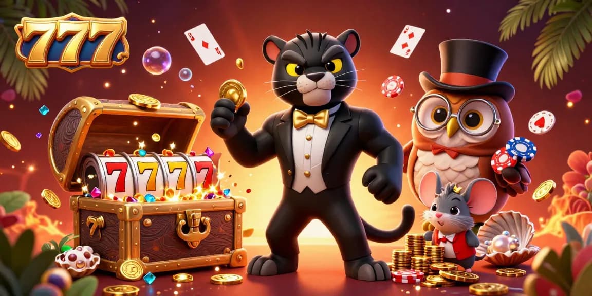 Join the action at 777-themed casino slots where the panther elegantly deals cards amidst shimmering jackpot elements.