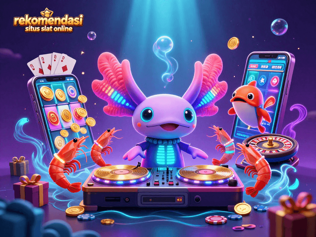 Menyajikan rekomendasi situs slot online dengan ilustrasi DJ axolotl neon dan permainan slot menarik.