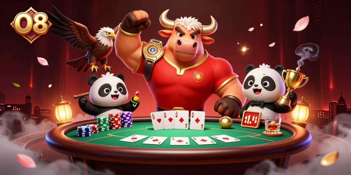 Experience the excitement at O8, where a bull mascot celebrates with poker elements and casino treasures.