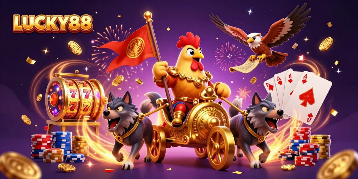 LUCKY88 slot machine reels spin as a rooster warlord leads the fun in a vibrant casino scene.