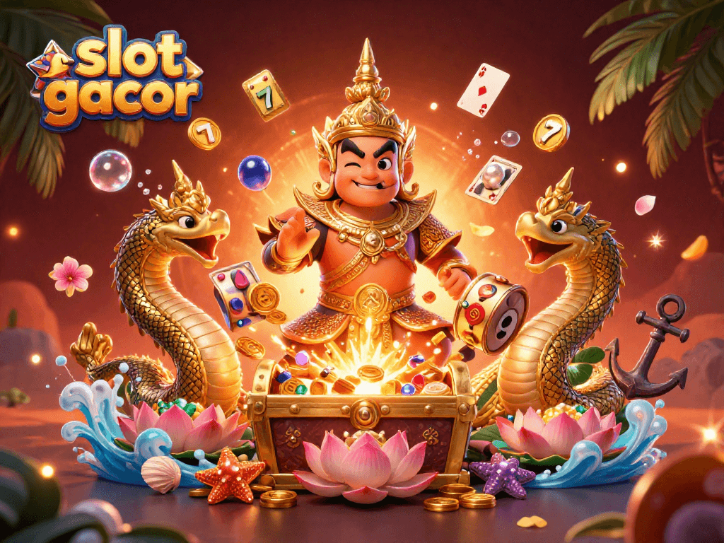 Slot gacor yang penuh warna dengan karakter penjaga kuil Thailand dan simbol slot, siap untuk memikat pemain.