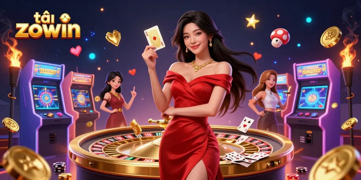 Engage in thrilling gameplay by tải zowin, showcasing a beautiful young Asian woman and casino elements.