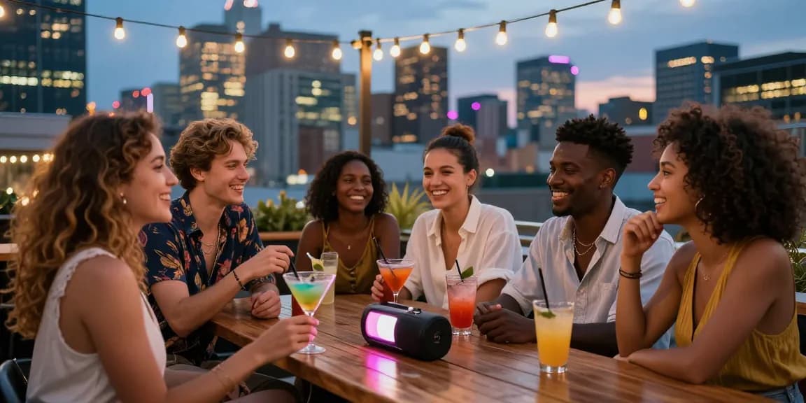 NSFW social gathering at a rooftop bar with friends in trendy outfits, vibrant city skyline view, capturing nightlife energy.