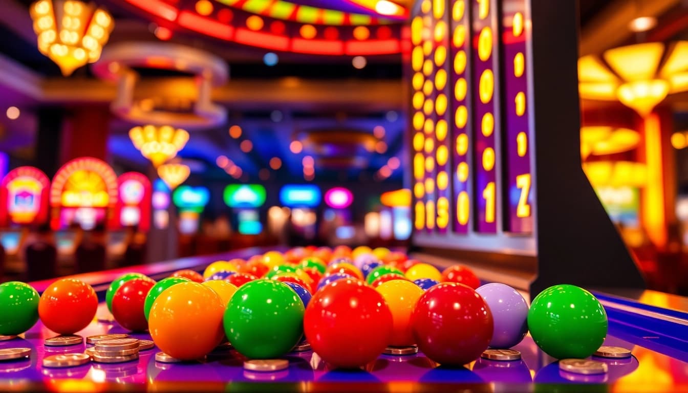 Permainan situs plinko yang mengasyikkan menunjukkan bola jatuh pada papan Plinko yang berwarna-warni