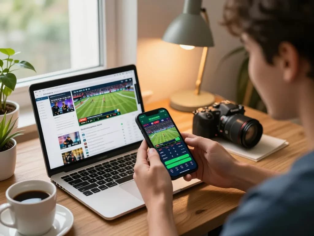 Engaged user reviews live betting options with nano banana 3 app in cozy home office.