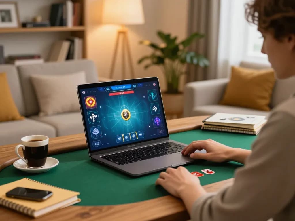 hb88 players strategizing online poker moves in a cozy home setting