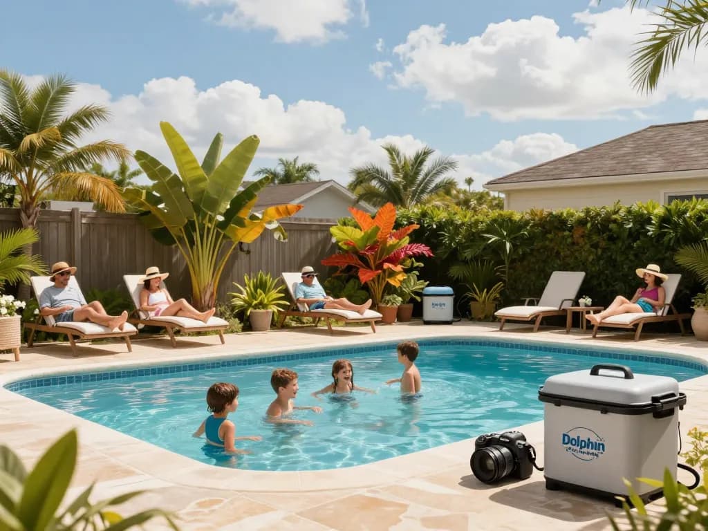 Dolphin Pool Services demonstrated in an inviting backyard scene with a family enjoying a clean, well-maintained pool.