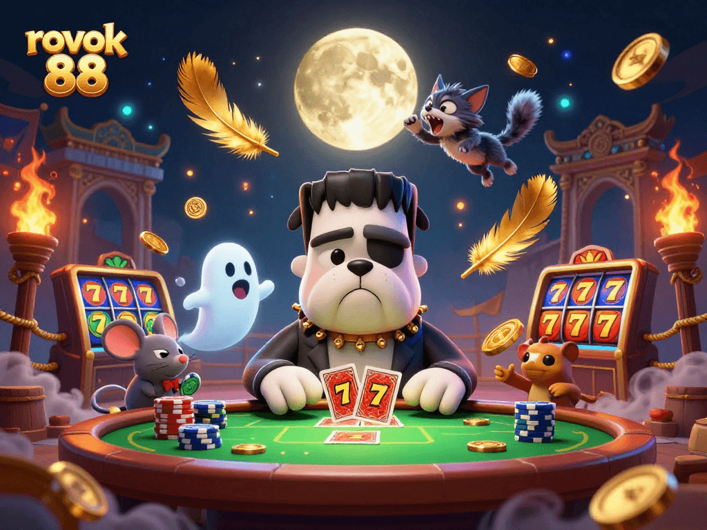 Engage with rokok 88 as a Frankenstein bulldog monster deals cards in a spooky casino atmosphere.