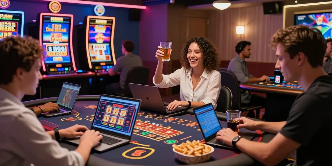 Exciting scene of players at credit card casinos enjoying games on laptops and mobiles in a vibrant atmosphere.