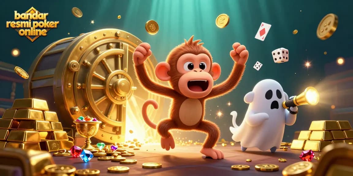 Experience the excitement of bandar resmi poker online with a playful monkey juggling casino treasures in a vibrant scene.