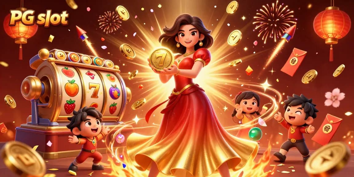 Experience winning excitement with PG slot in a dynamic 3D casino scene with vibrant characters.