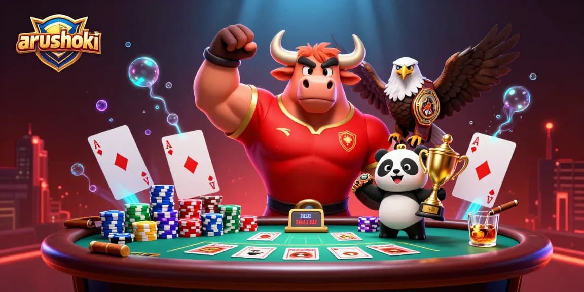 ARUSHOKI mengajak Anda meraih kemenangan dengan kartu poker dan trofi emas di meja judi.