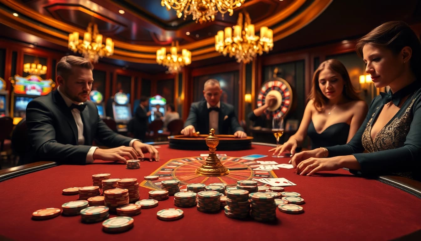 Zonafilm-themed poker game illustration showcasing high-stakes excitement with chips and cards.