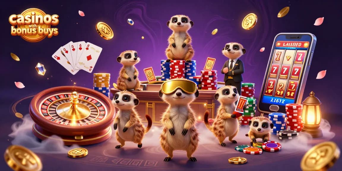 Experience the thrill at casinos with bonus buys, featuring playful meerkats in a vibrant casino scene.
