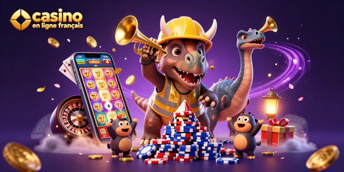 Jouez à casino en ligne français avec une illustration riche en couleurs de dinosaures et de jeux.