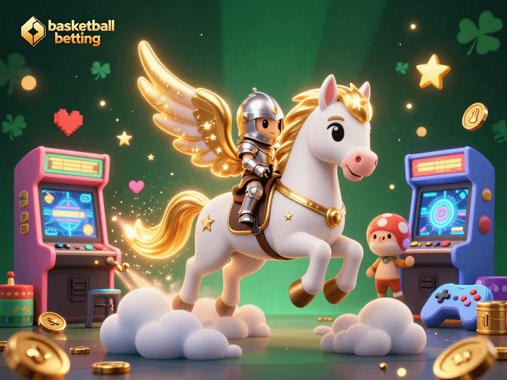 Engage in basketball betting with dynamic characters amid arcade elements and vibrant gaming themes.