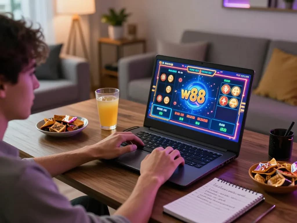 Player enjoying a thrilling w 88 slot game on a laptop, cozy ambiance with snacks and strategy notes