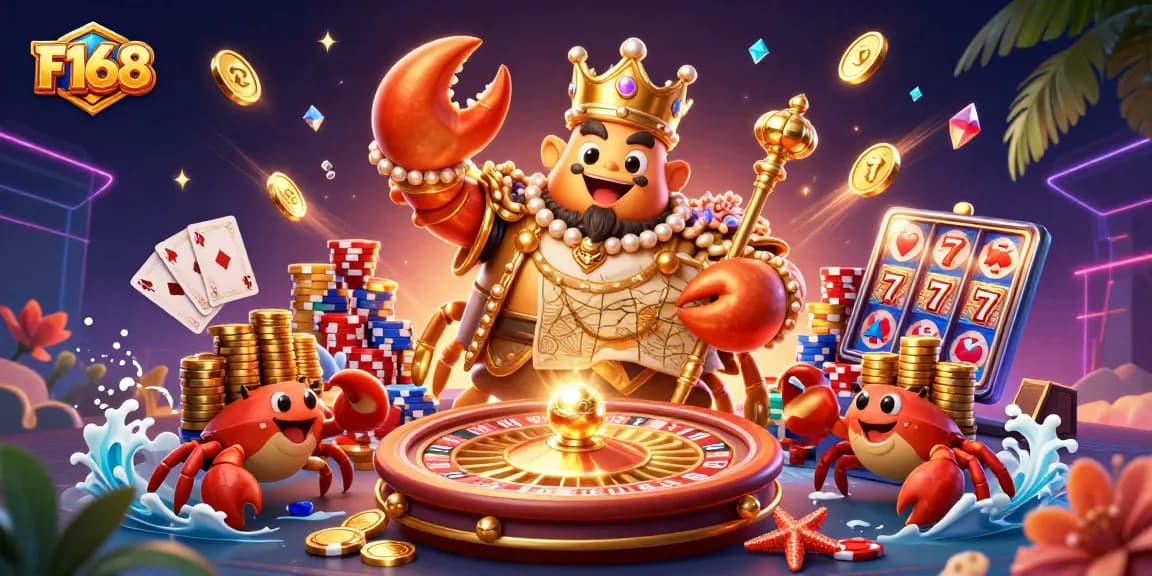 Win big with F168's cartoon crab emperor in this vibrant 3D casino scene.