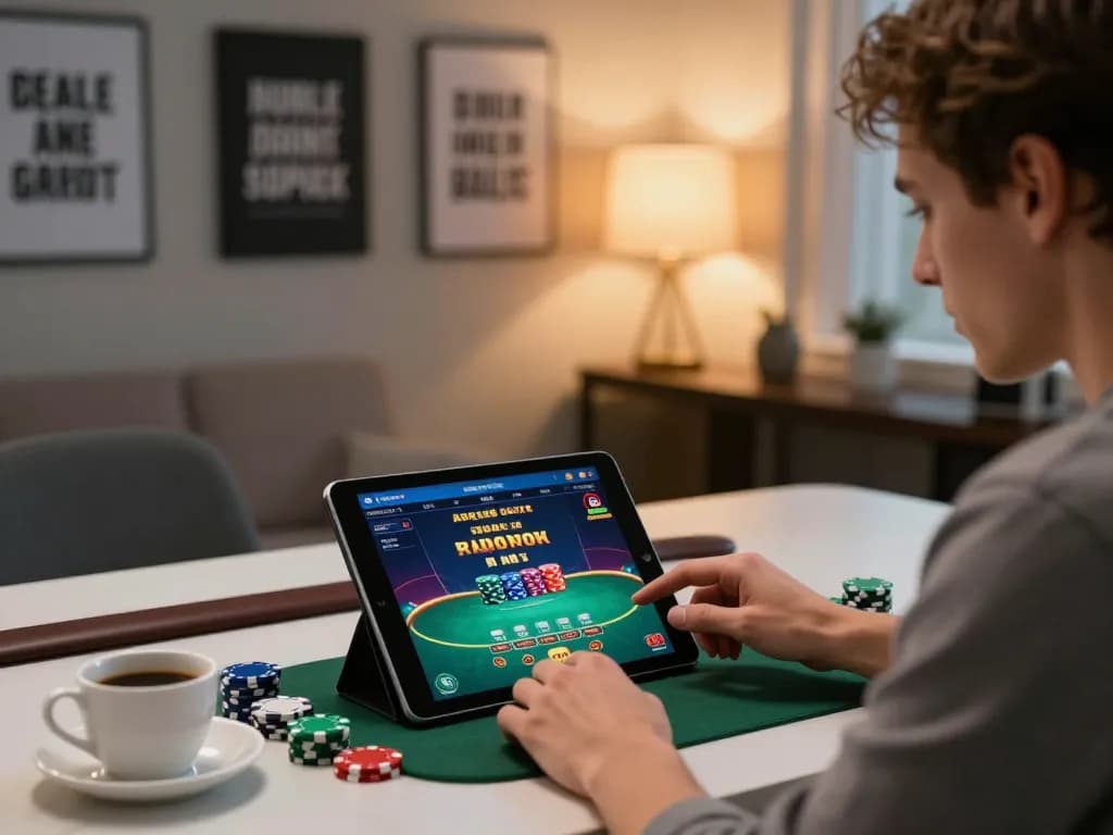 Player engaging in 3win online casino gameplay on tablet, showcasing strategic gameplay.
