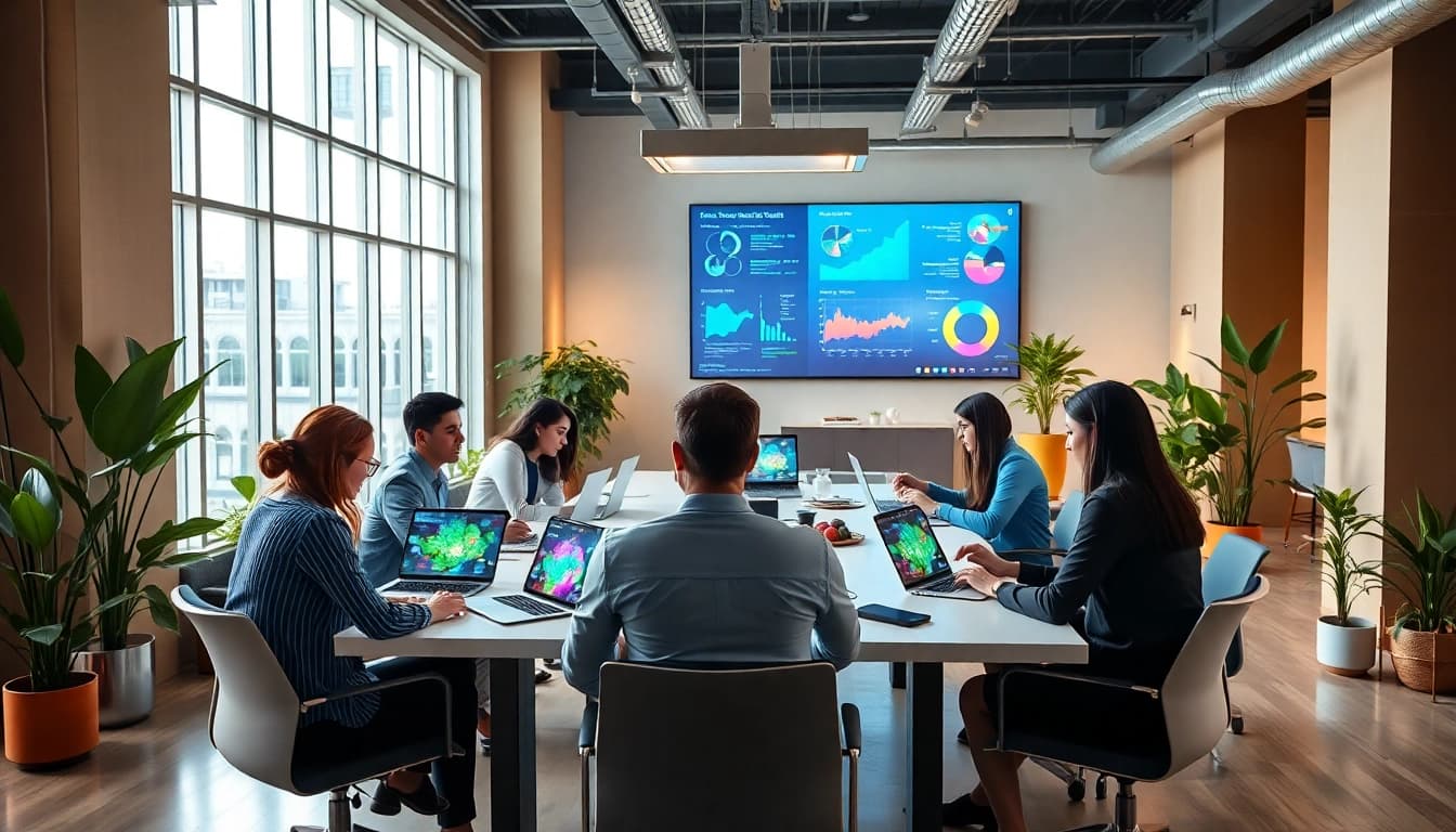 Engaging teams utilizing enterprise assistant platform in a modern office setting.