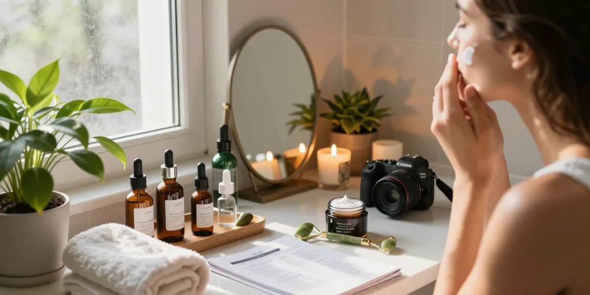 Aplicând crema hidratantă pentru față într-un baie elegantă cu lumină naturală și produse de îngrijire a pielii elegante.