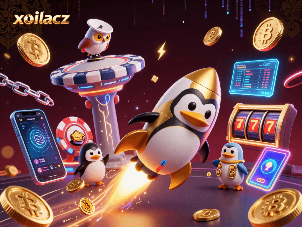 Bet big with xoilacz as a golden penguin rocket heads to a casino, surrounded by cryptocurrencies.