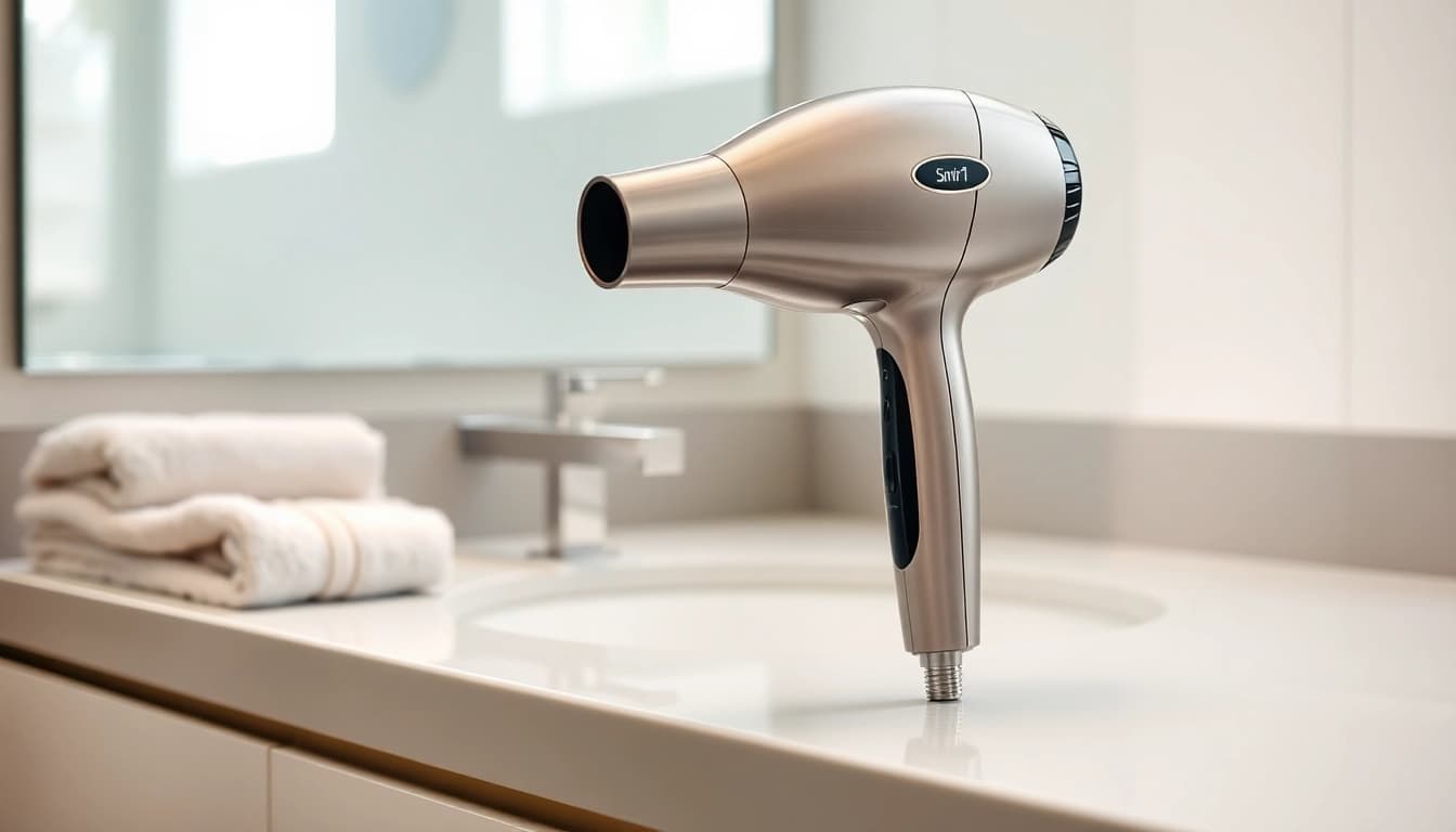 Hair dryer for fine hair elegantly displayed against a bright bathroom backdrop, showcasing its sleek design.