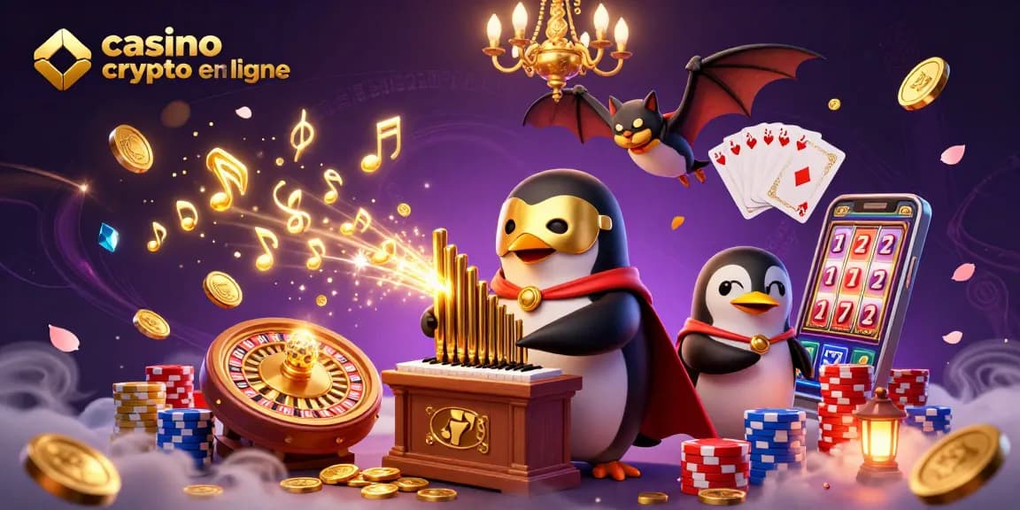 Profitez du casino crypto en ligne avec un pingouin jouant de l'orgue, des pièces dorées et des gains rapides.