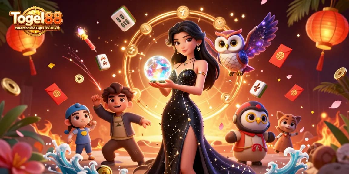 Togel88 Pasaran Toto Togel Terlengkap illustrates a vibrant casino scene with a mystical woman and dynamic game elements.