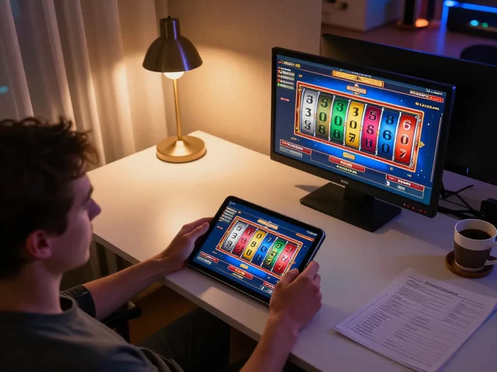 Player engages with agenslot188's casino slot games on tablet in cozy home setting.