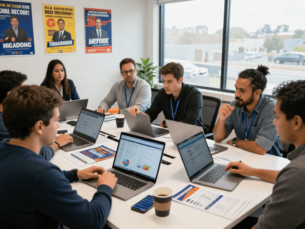 email marketing for campaigns team collaboration in political office with charts, flyers, and digital devices