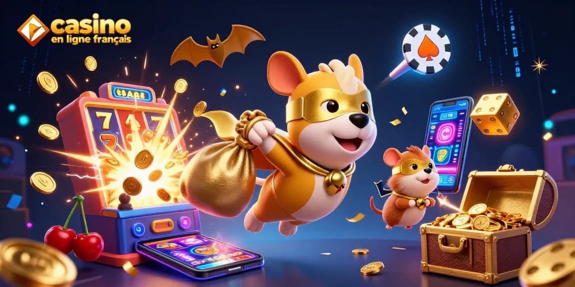 Visualisez le casino en ligne français avec un chien super-héros et un hamster, entourés d'une machine à sous et des pièces d'or.