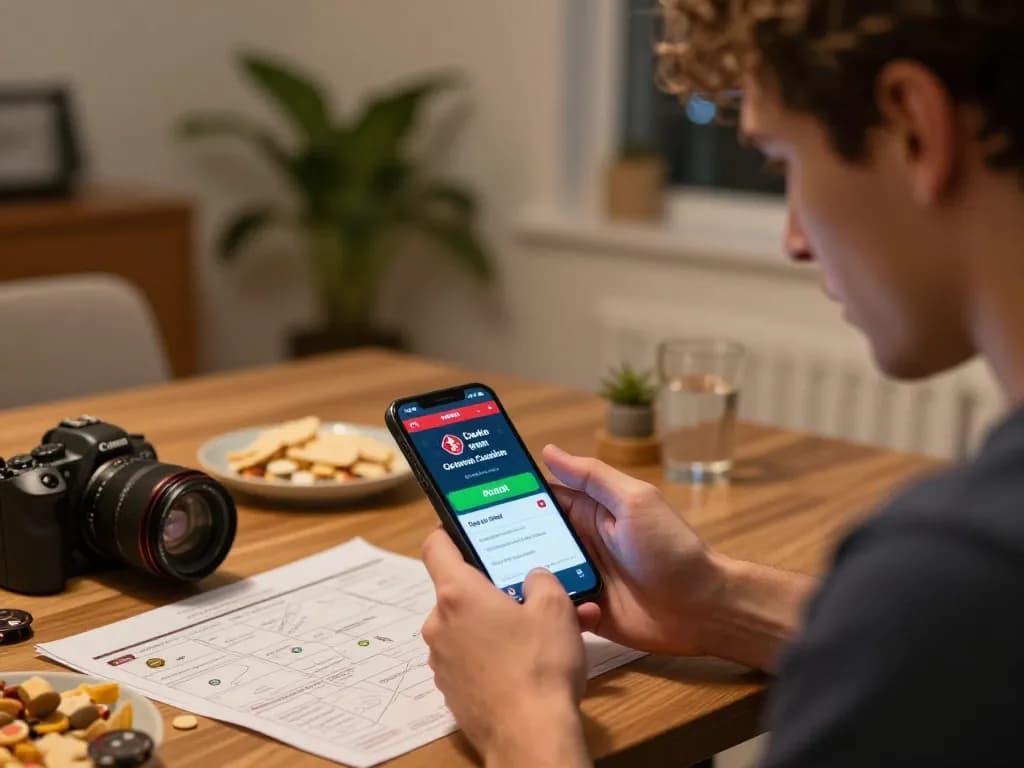 Engaging player using Canada online casinos reddit app on smartphone in a cozy home setting.