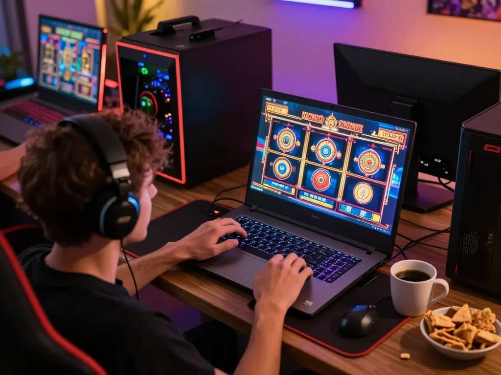 Engaged player enjoying a thrilling moment at migliori casino online europei on a laptop at home.