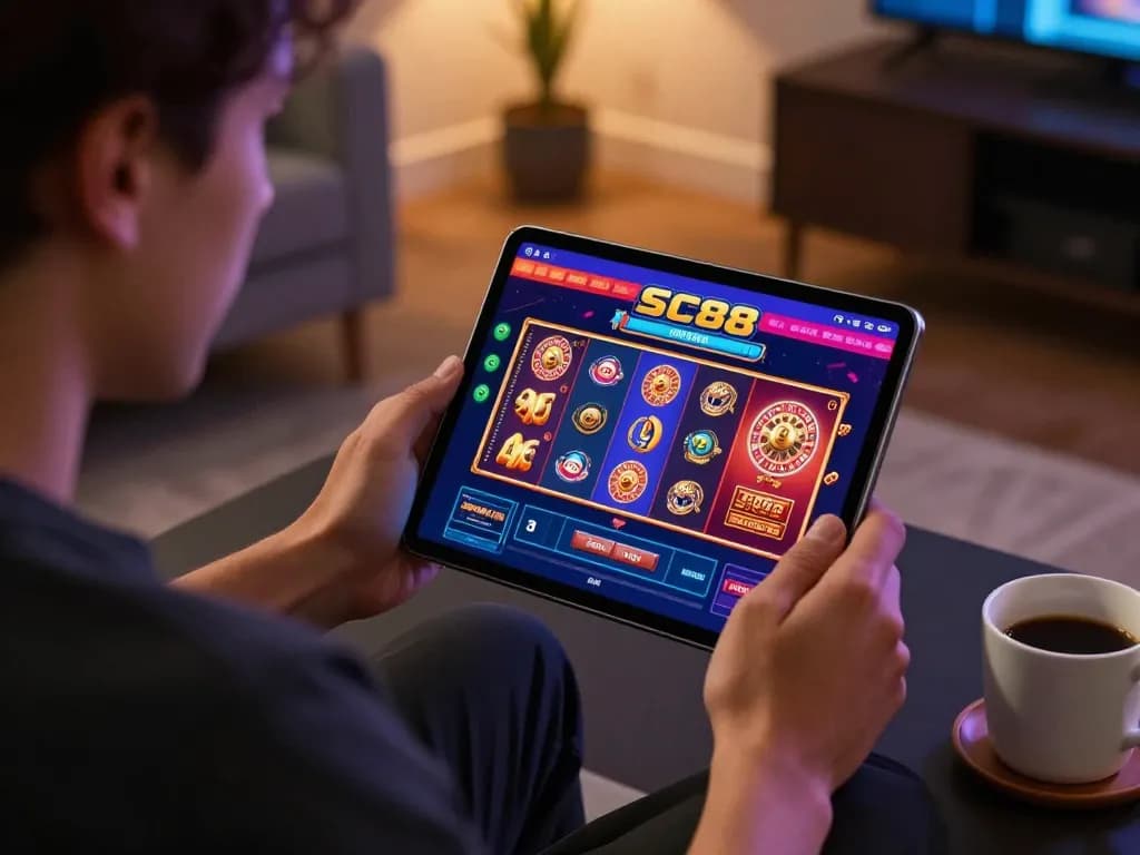 Person engaging with the SC88 online casino on a tablet, showcasing vibrant gameplay.