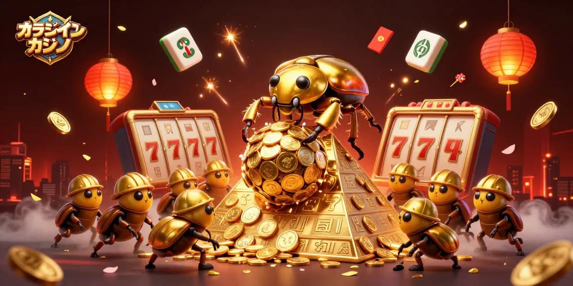 オンラインカジノ サイトでスロットを楽しむシーン、金色のコガネムシがコインのボールを押し上げるイラスト